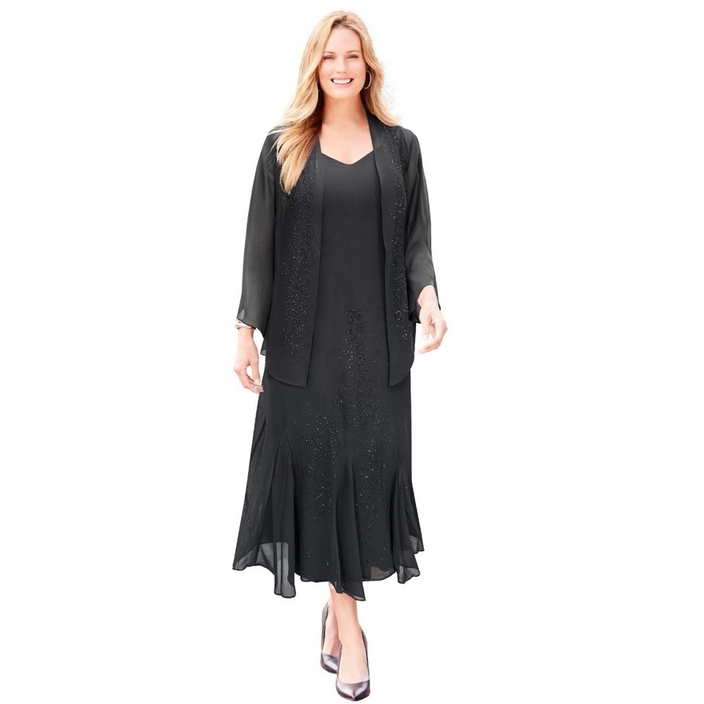 Catherines Special Occasion Formal Black Masquerade Beaded Dress Set Size 32W